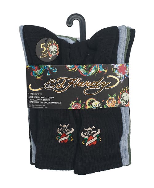 Ed Hardy Embroidery Half Cushion Crew Sock 5-pack In Multi