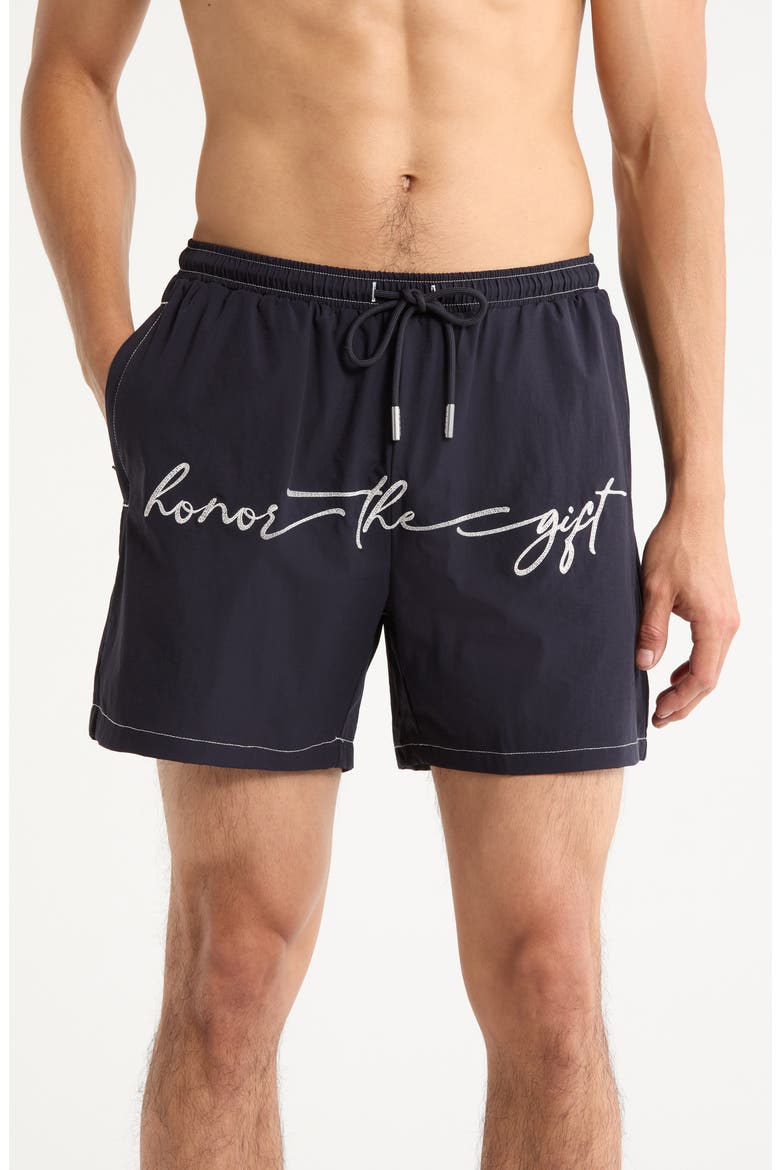 Hybrid Cursive 5-Inch Swim Trunks, Alternate, color, NAVY