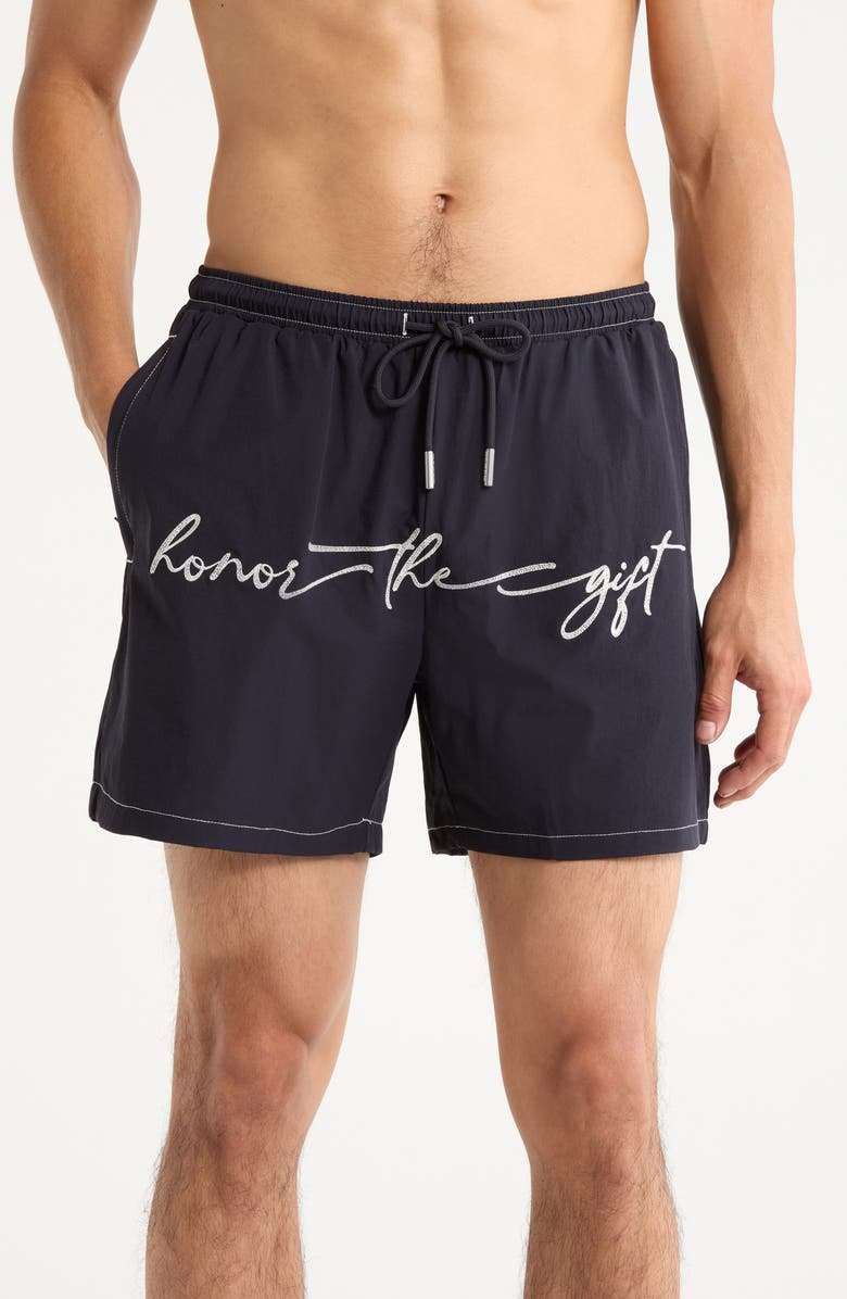 HONOR THE GIFT Hybrid Cursive 5-Inch Swim Trunks, Alternate, color, Navy
