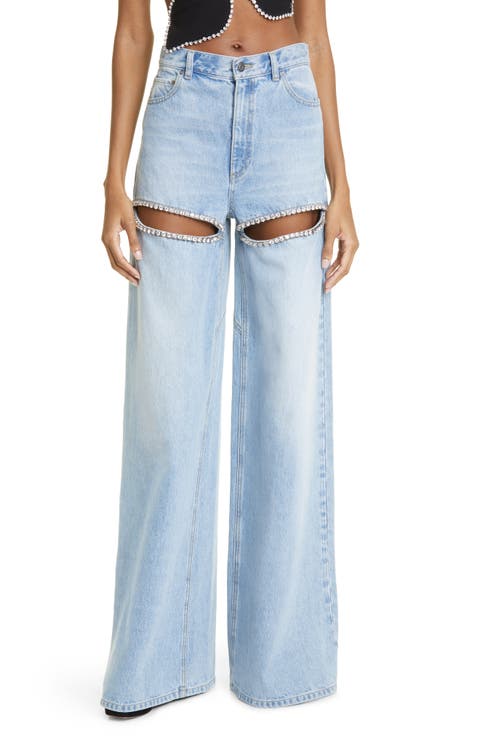 Crystal Slit Cotton Denim Wide Legs Jeans