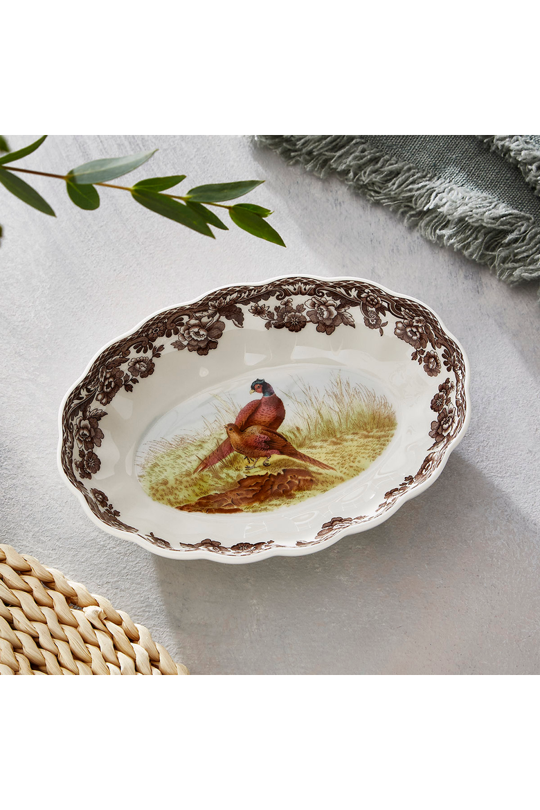 Woodland 6" Oval Fluted Dish, Pheasant, Alternate, color, Brown