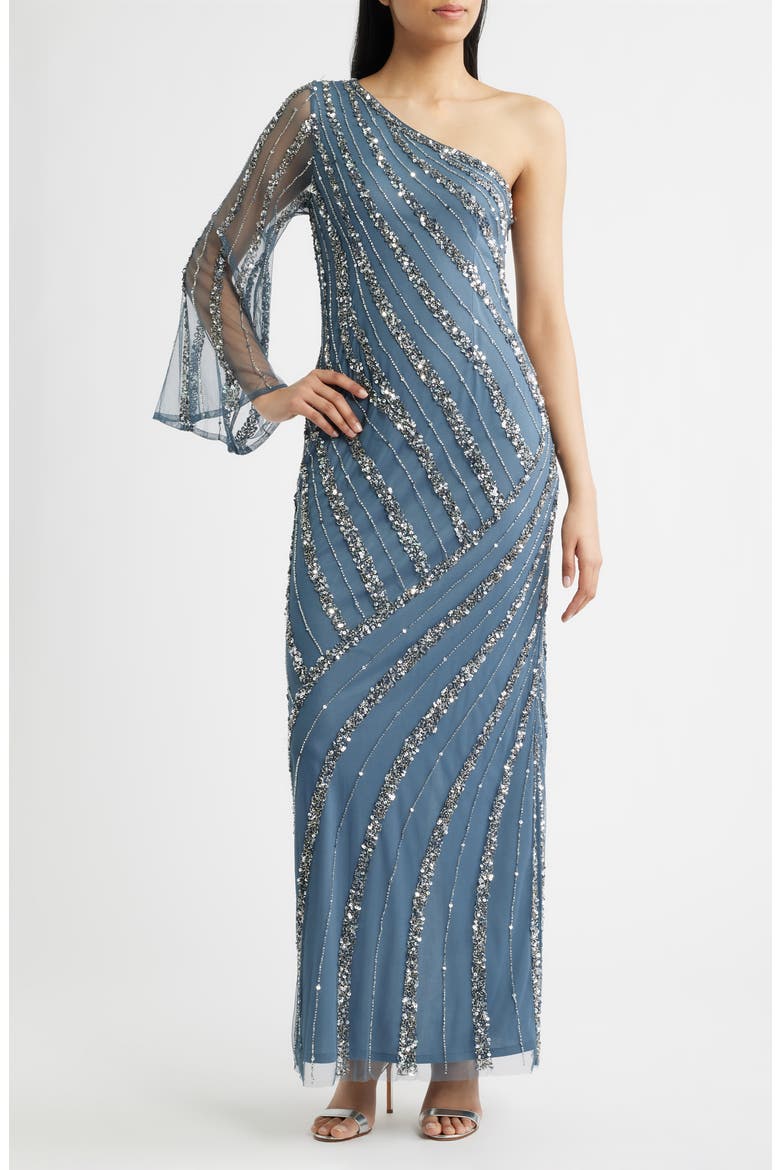 Sequin Beaded One-Shoulder Gown, Main, color, GREY