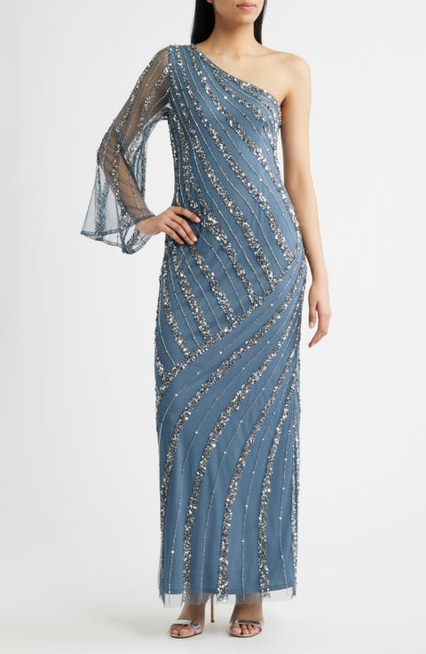 Sequin Beaded One-Shoulder Gown