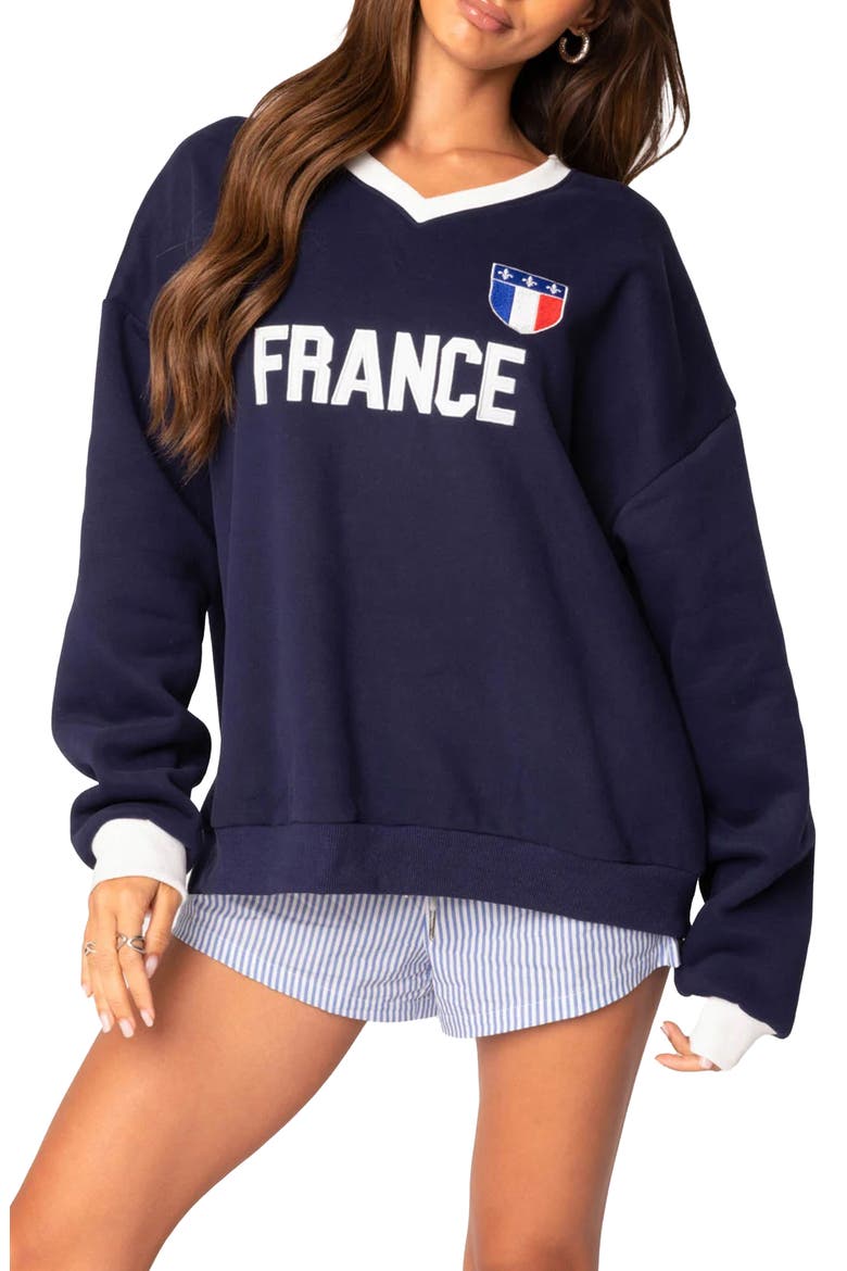 France Oversize V-Neck Sweatshirt, Main, color, NAVY