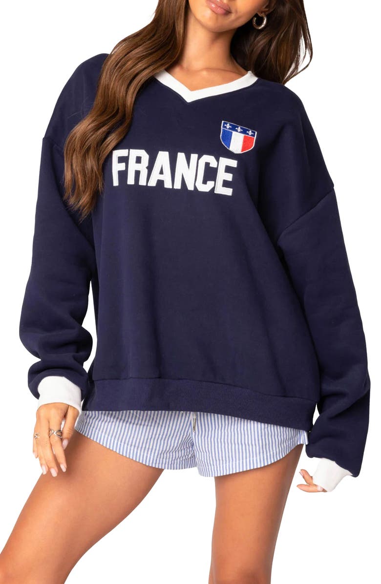 EDIKTED France Oversize V-Neck Sweatshirt, Main, color, Navy