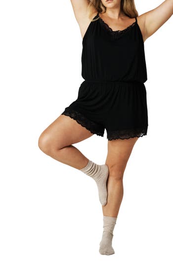 Posh Peanut Lace Trim Pajama Romper In Black