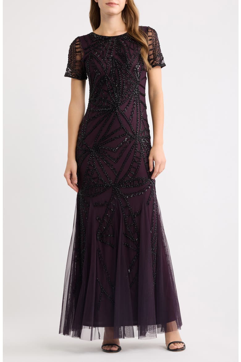 Beaded Short Sleeve Gown, Main, color, WINE