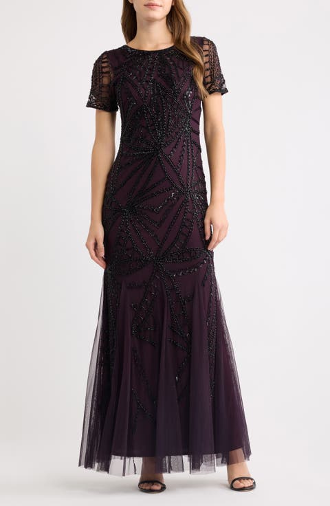 Beaded Short Sleeve Gown