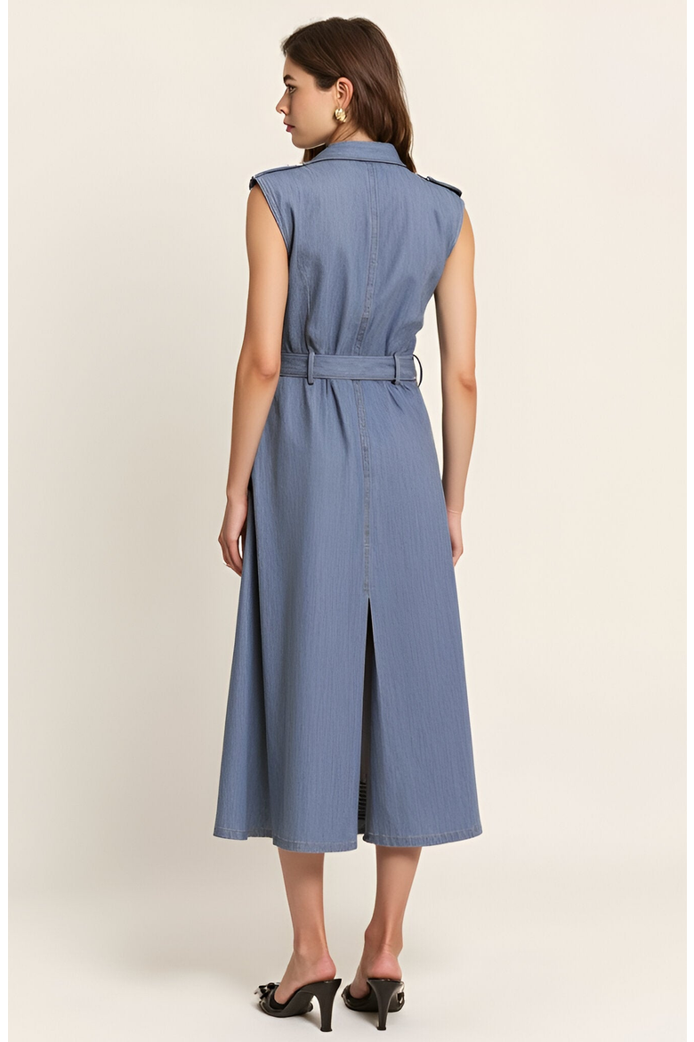 Belted A-Line Midi Dress with Shoulder Buttons and Pockets, Alternate, color, Blue