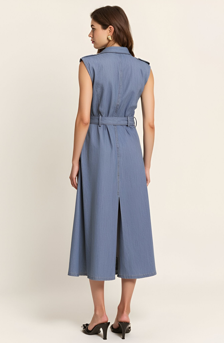 Modenaire Belted A-Line Midi Dress with Shoulder Buttons and Pockets, Alternate, color, Blue
