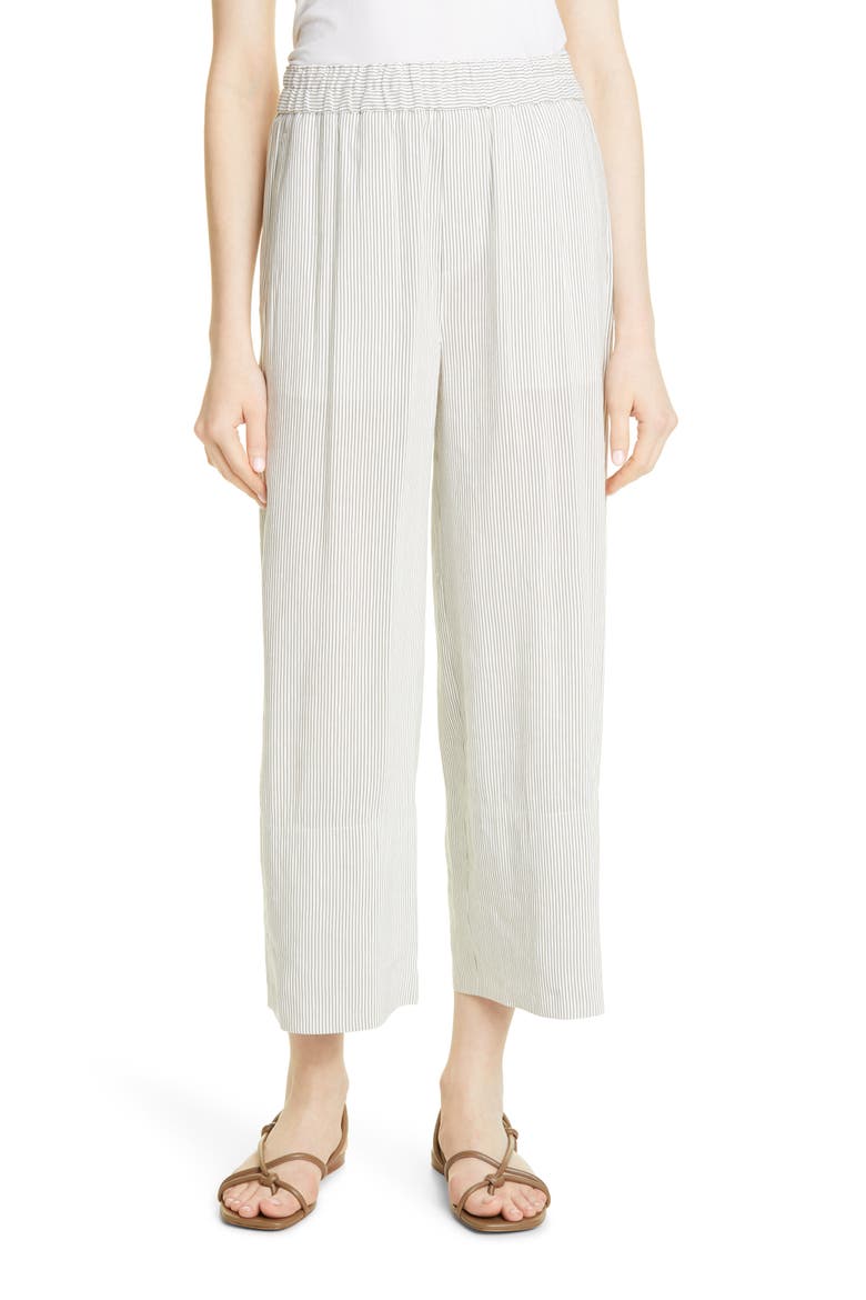 Stripe Linen Blend Crop Pull On Pants, Main, color, WHITE/ BLACK