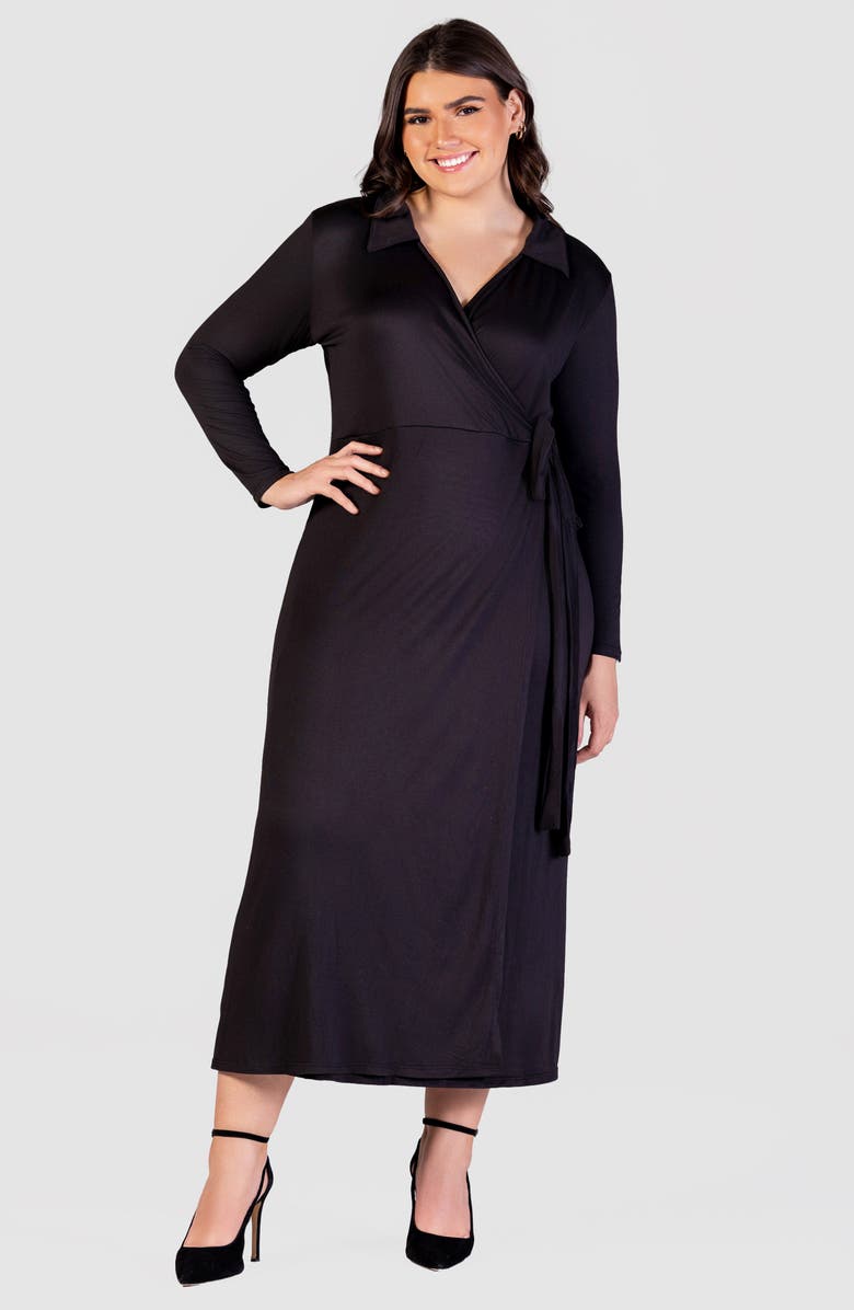 24seven Comfort Apparel Collared Long Sleeve Wrap Front Maxi Dress, Alternate, color, Black