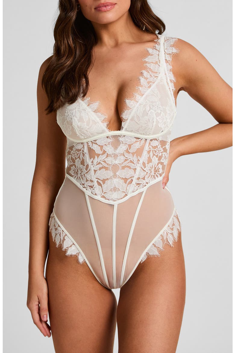 Grace Lace & Mesh Bodysuit, Main, color, SNOW WHITE