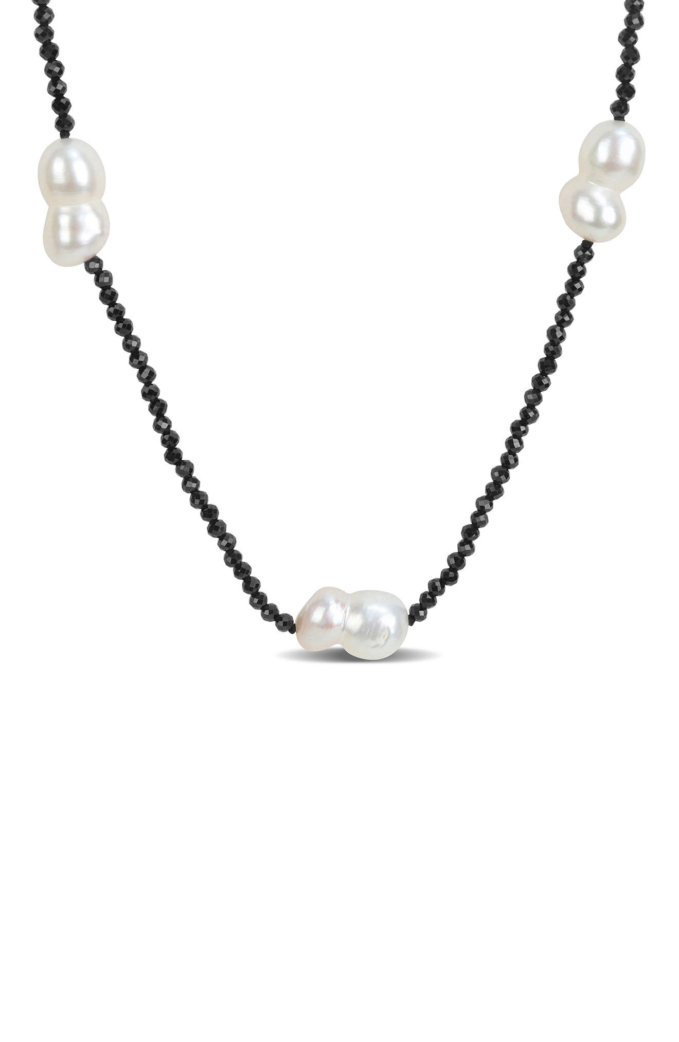 DELMAR Black Spinel & Cultured Pearl Station Necklace