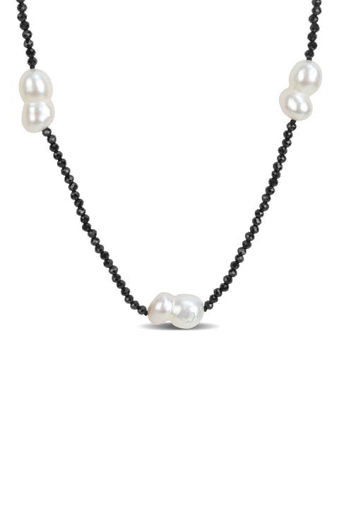 Black Spinel & Cultured Pearl Station Necklace