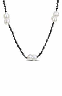 DELMAR Black Spinel & Cultured Pearl Station Necklace