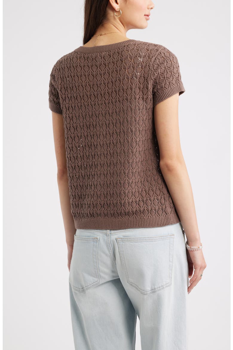 Pointelle Short Sleeve Cardigan, Alternate, color, BROWN QUARTZ