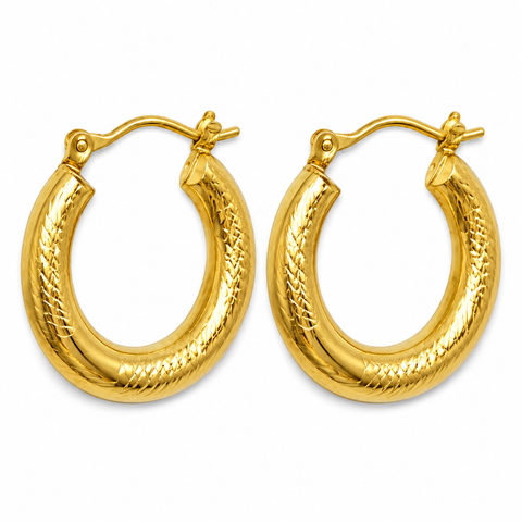 18K Yellow Gold Plated Crosshatch Textured Hoop Earrings