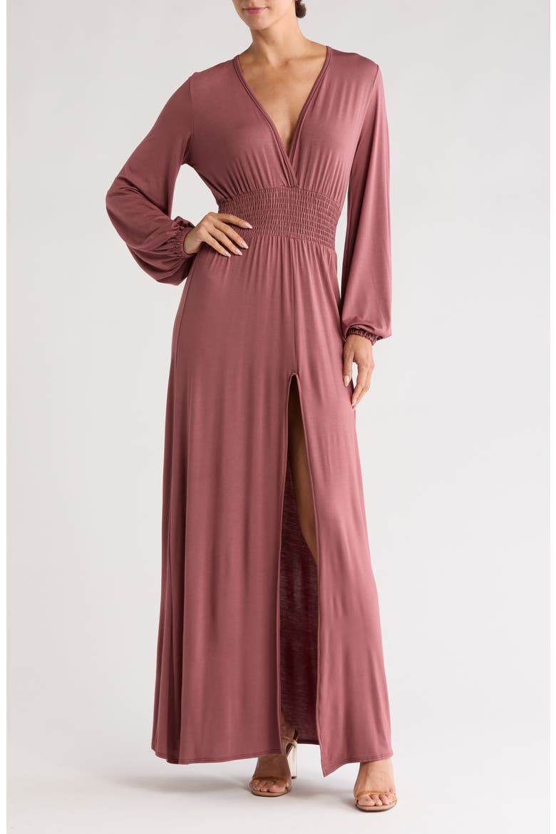 Plunge Neck Long Sleeve Maxi Dress, Main, color, CRUSHED BERRY
