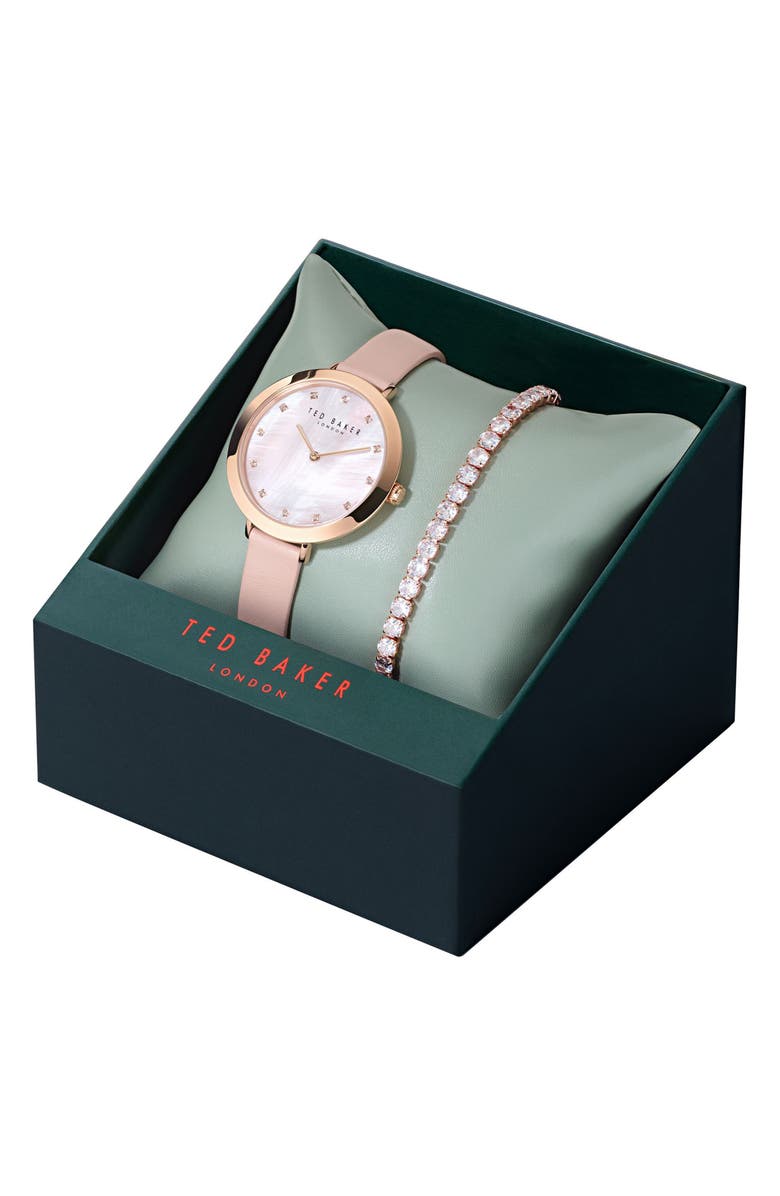 Ted Baker Leather Strap Watch & Crystal Slider Bracelet Set, 37mm, Alternate, color, Rose Gold-Tone