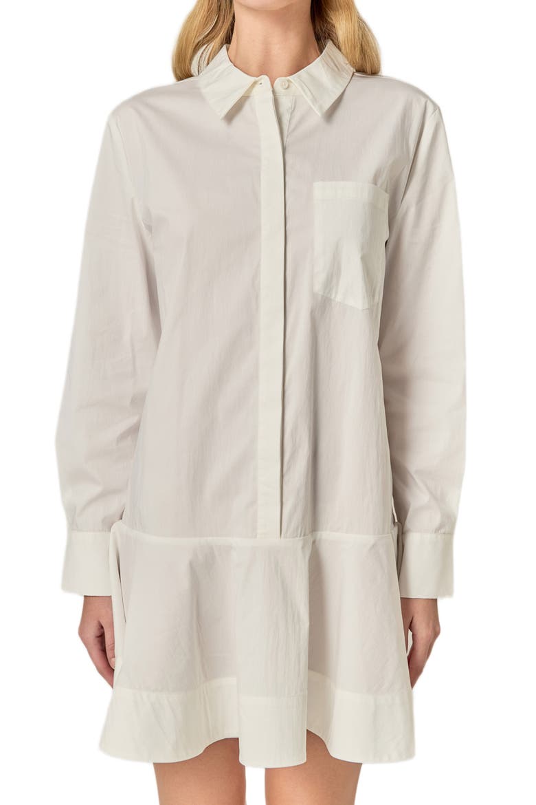 Ruffle Hem Long Sleeve Mini Shirtdress, Main, color, WHITE