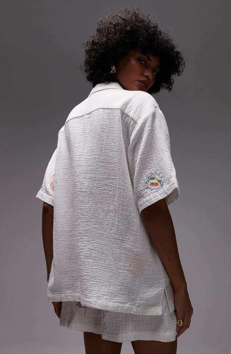 Topshop Resort Embroidered Cotton Camp Shirt, Alternate, color, White
