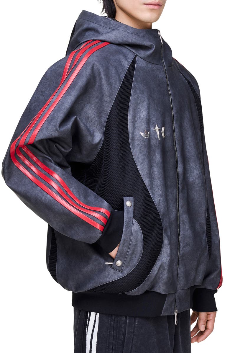 adidas Mesh Inset Faux Leather Bomber Jacket, Alternate, color, Black/ Antique Silver