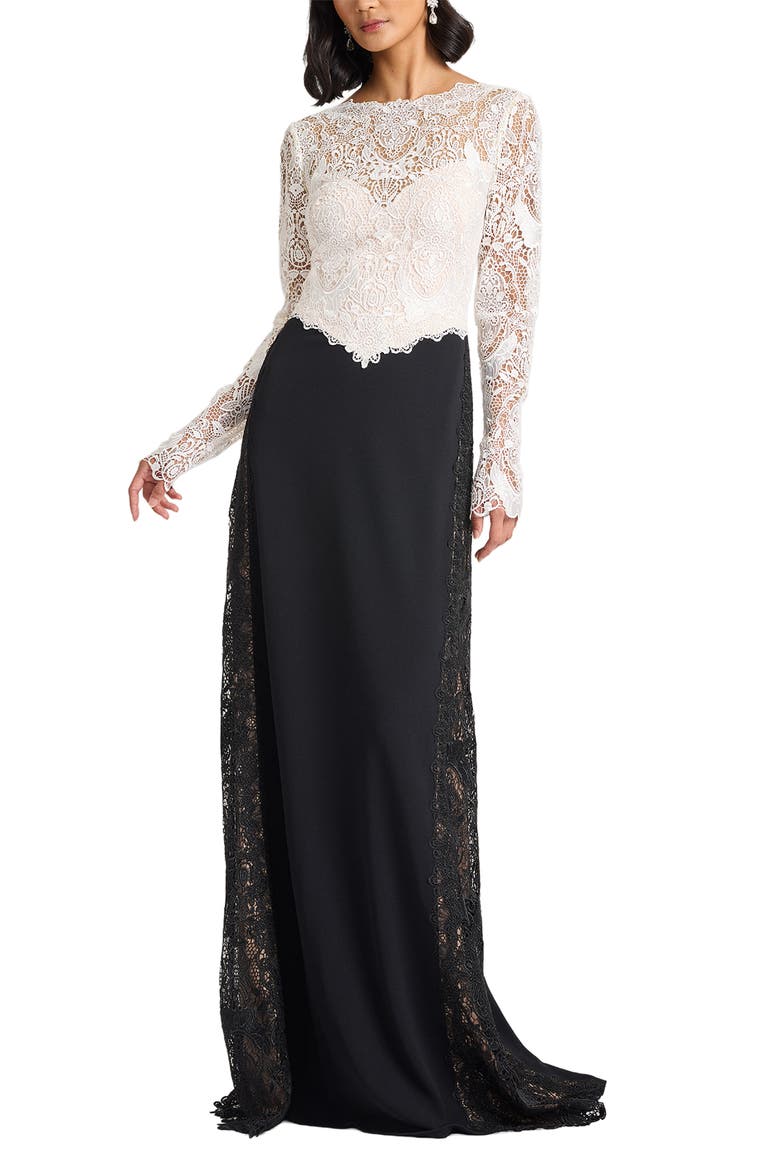 Lace & Crepe Gown, Alternate, color, IVORY/ BLACK