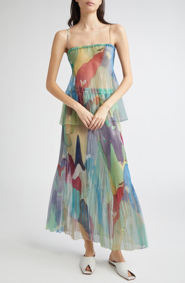 EENK Print Plissé Silk Organza Peplum Top, Alternate, color, Navy Multi