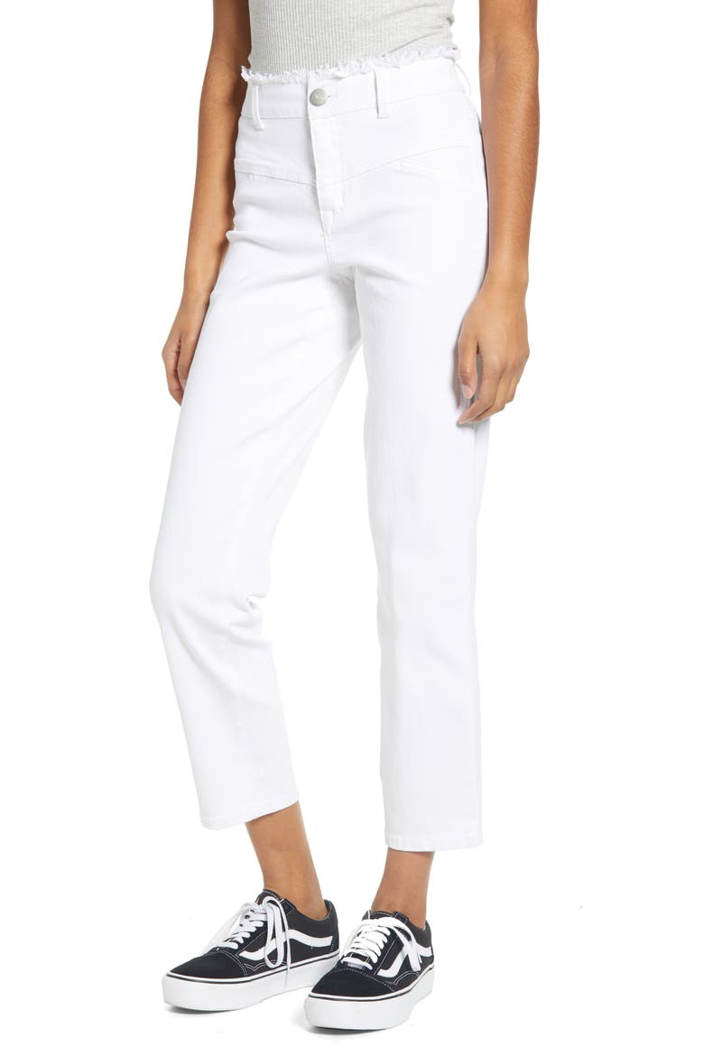 Fray Waist Ankle Straight Leg Jeans, Main, color, WHITE