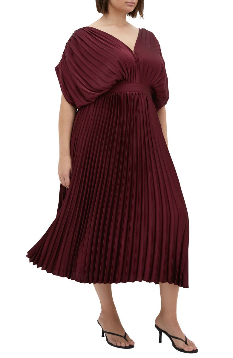 City Chic Henley Pleated Maxi Dress, Alternate, color, Red Burgundy