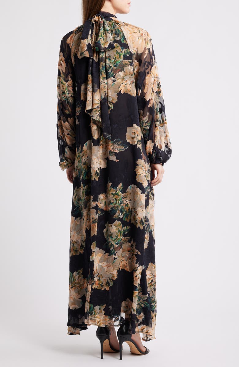 MELLODAY Botanical Tie-Neck Maxi Dress, Alternate, color, Black Peach Floral
