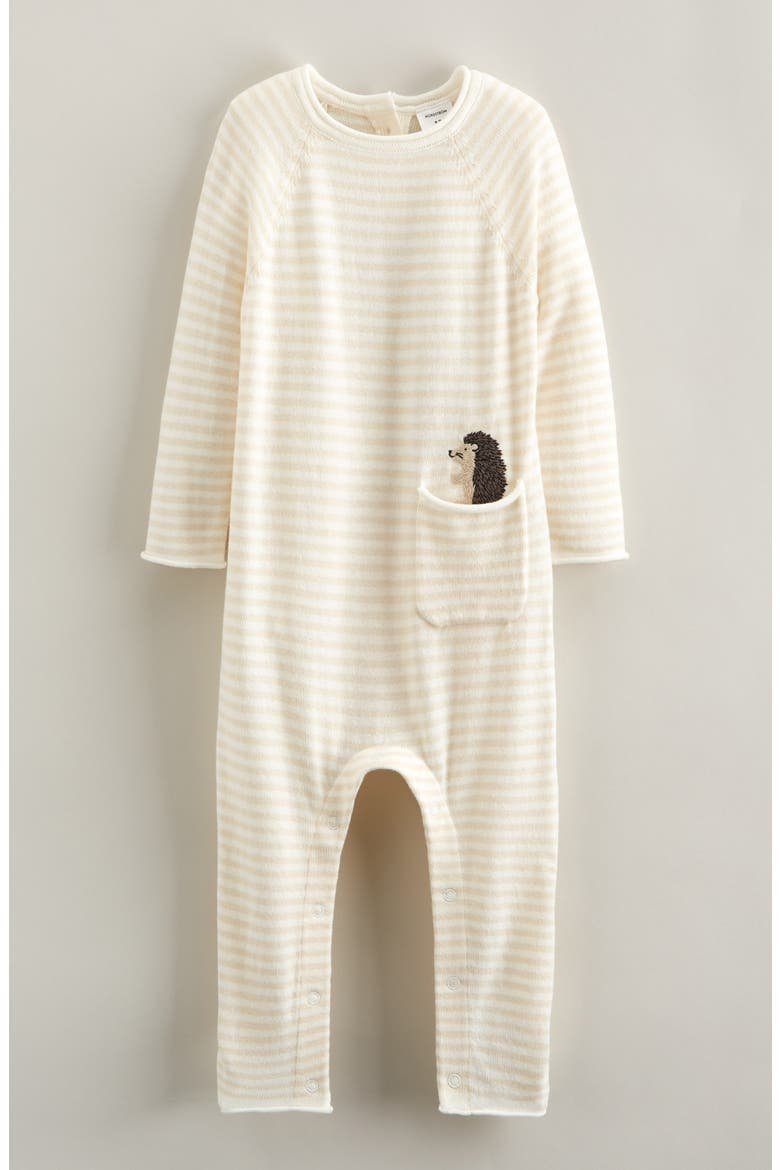 Stripe Embroidered Pocket Romper, Main, color, HEDGEHOG-BEIGE HEATHER STRIPE