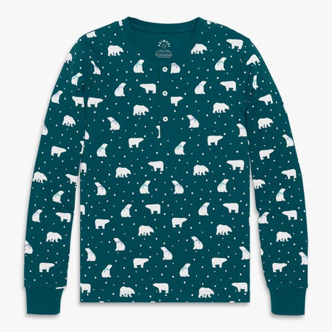 Adult Organic Long Sleeve Henley Pj Top in Holiday Animal Friends (Unisex Fit)