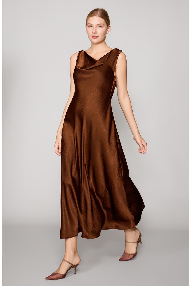 Drape Front Satin Midi Dress, Alternate, color, BROWN