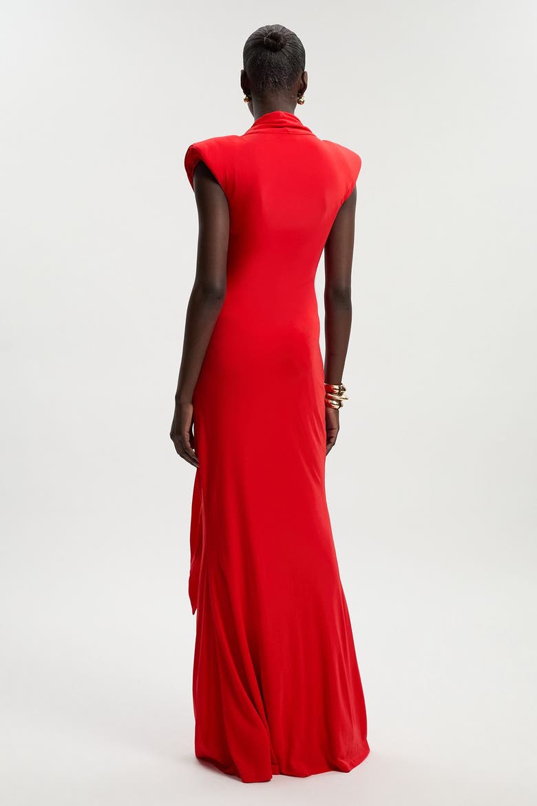 Plunge Ruched Twist Jersey Maxi Dress, Alternate, color, Red