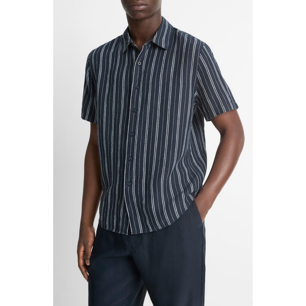 Vince Stripe Classic Fit Short Sleeve Button-up Shirt In Blue