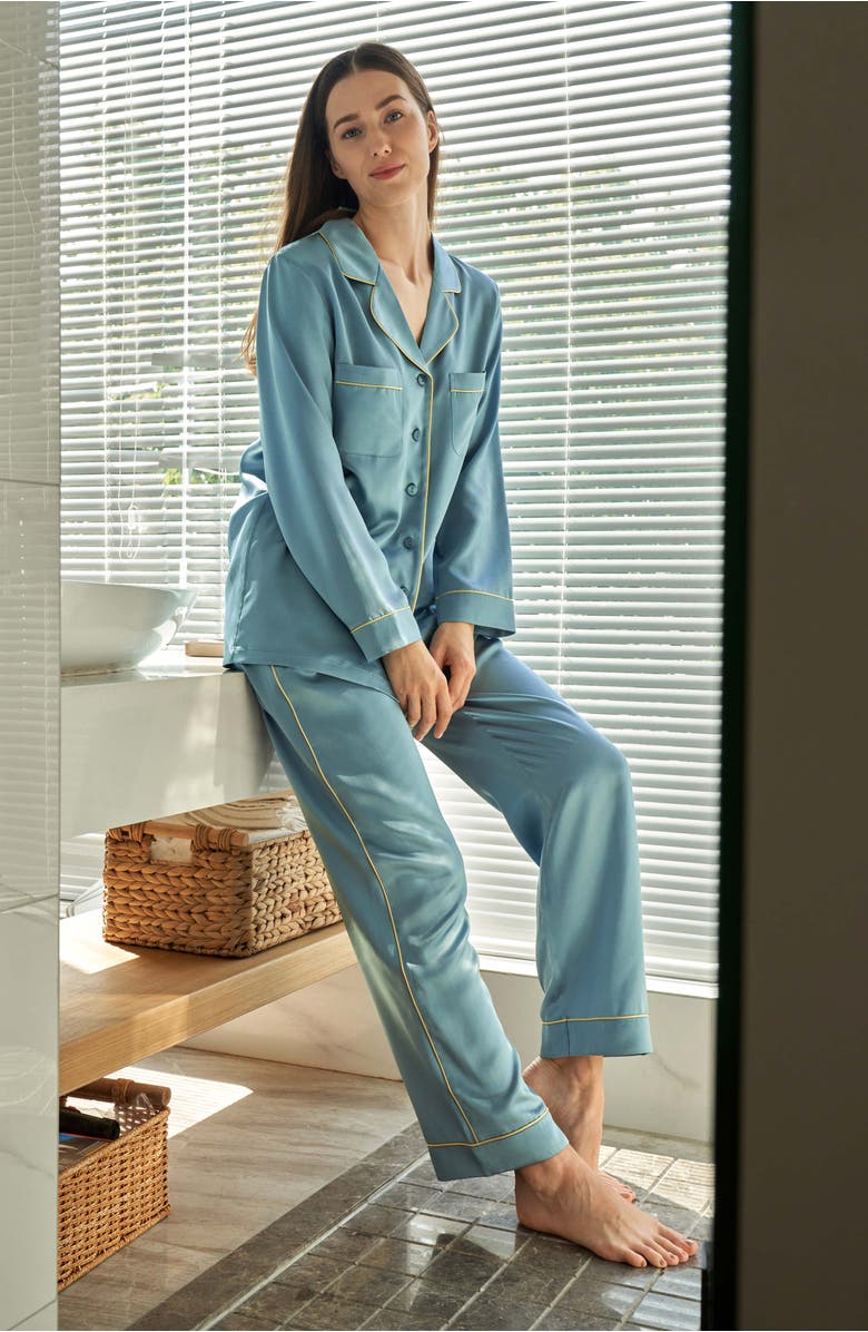 Lilysilk Gold Piping Silk Pajamas Set, Alternate, color, Blue Haze