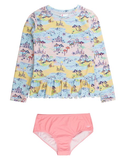Scallop Hem Long Sleeve Rash Guard 2-Piece Bikini Swimsuit