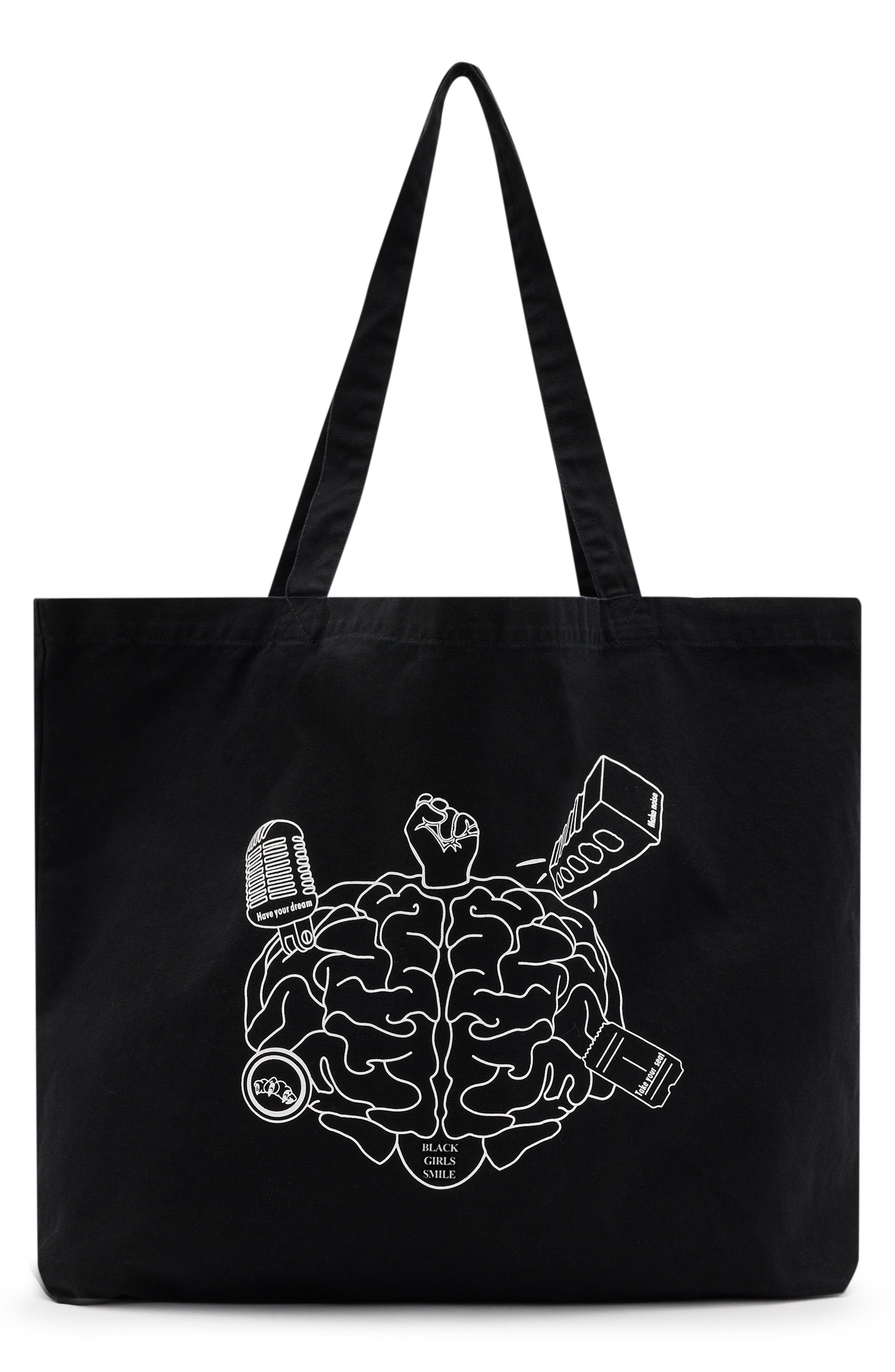 AllSaints Black Girls Smile Tote, Main, color, 