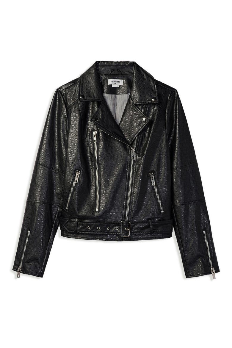 Fianna Ostrich Embossed Faux Leather Biker Jacket, Alternate, color, BLACK