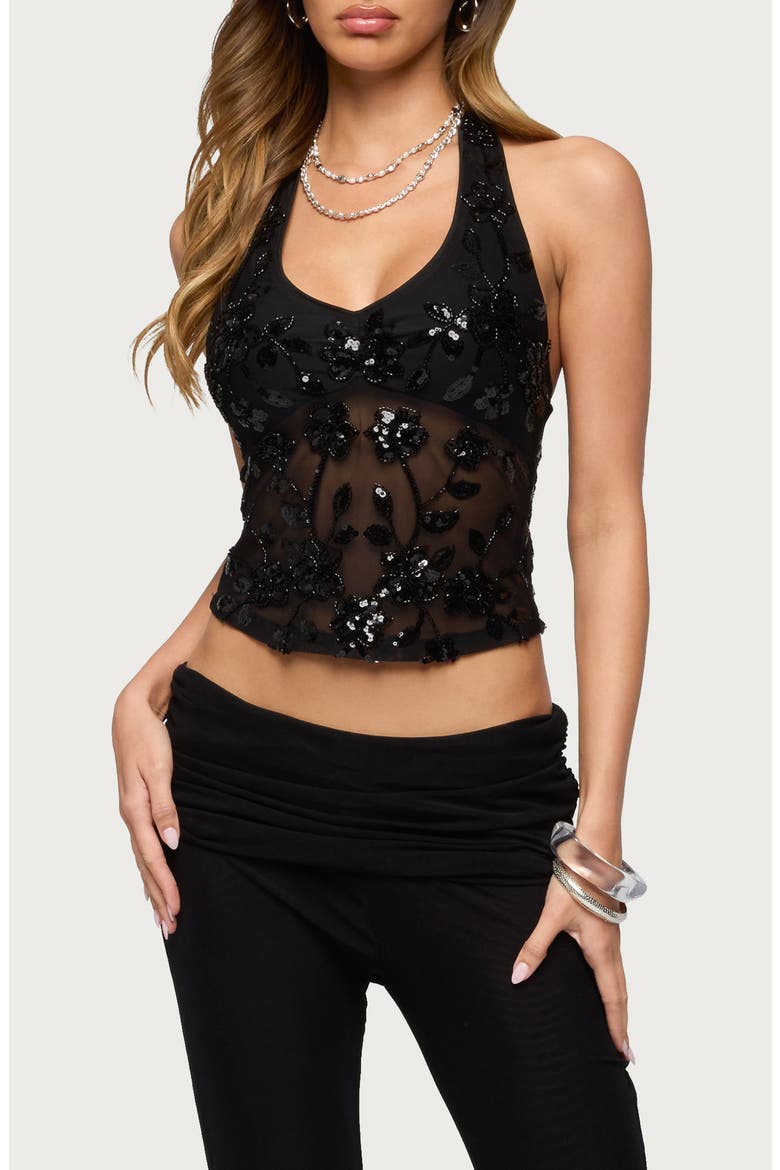 Sequin Beaded Mesh Halter Top, Main, color, BLACK