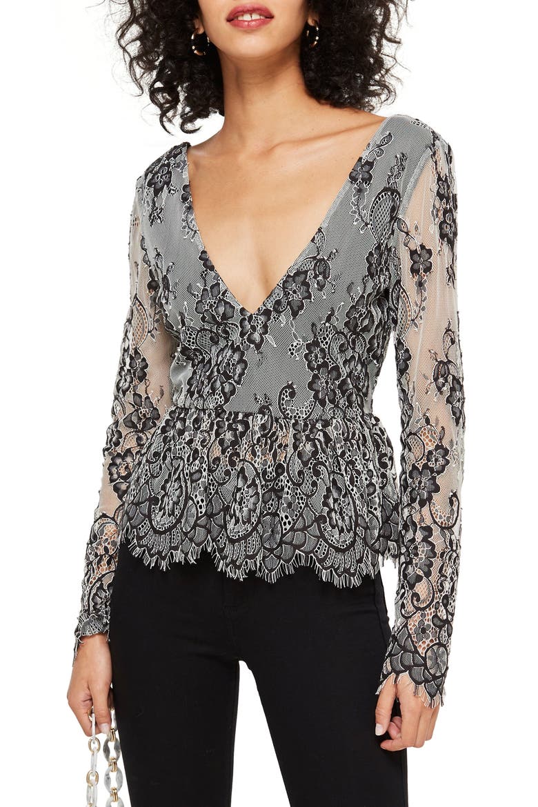 Tie Back Lace Peplum Top, Main, color, BLACK MULTI