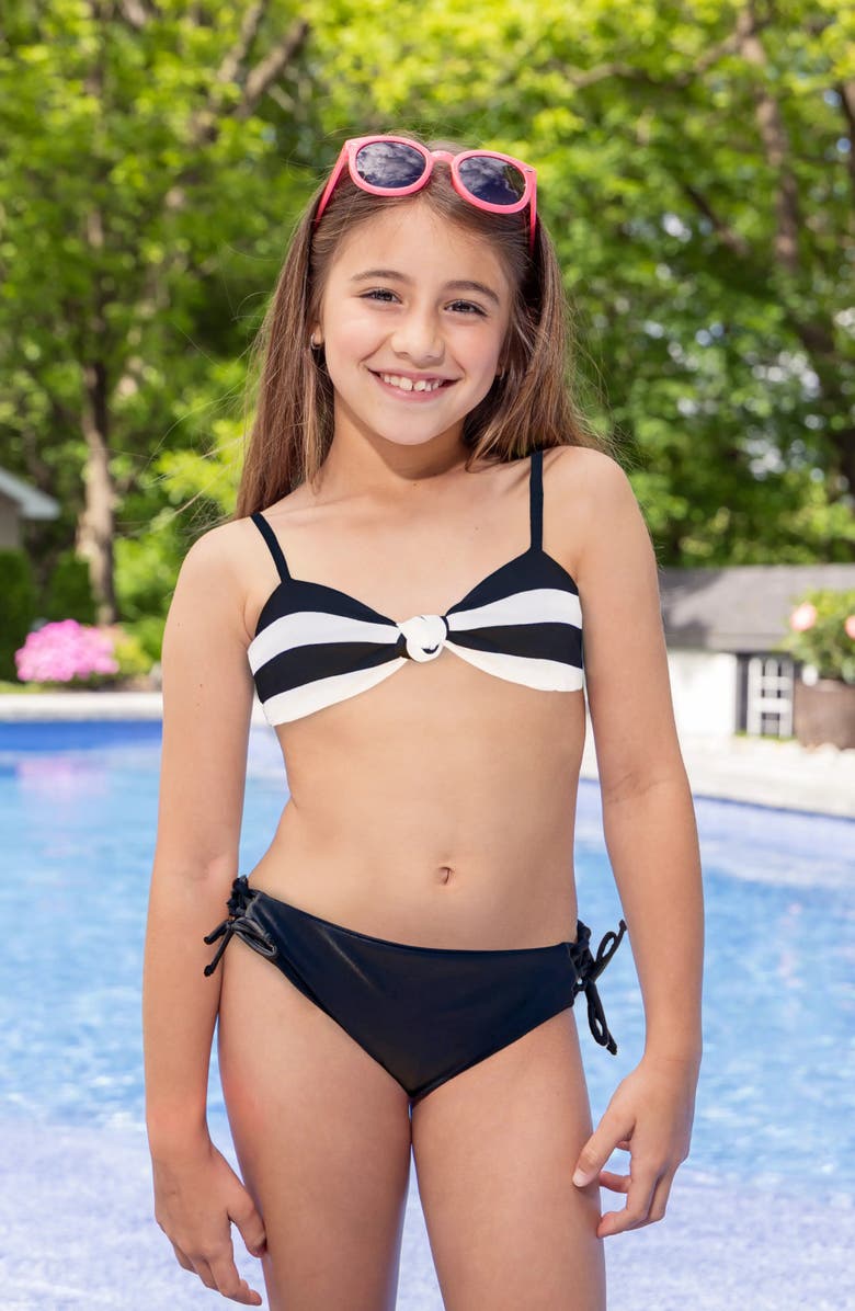 Limeapple Stripe Twist Knot Bikini, Alternate, color, Black/White