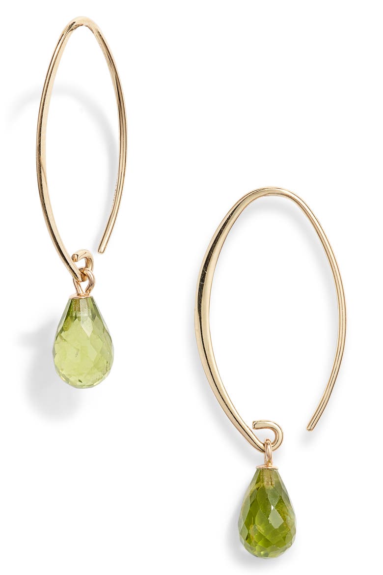 Briolette Gemstone Hoop Earrings, Main, color, YELLOW GOLD/ PERIDOT
