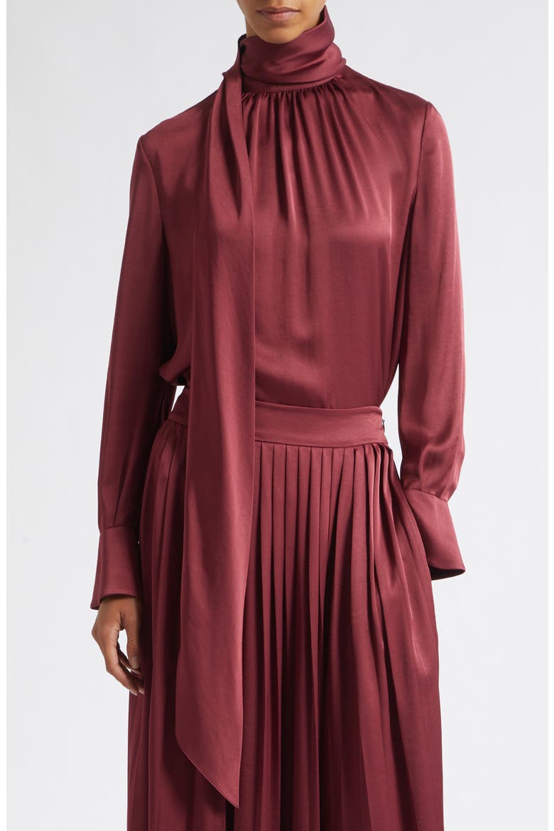 Veronica Tie Neck Long Sleeve Satin Top, Main, color, WINE