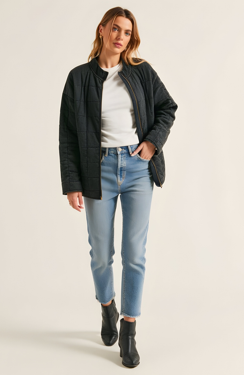 Modenaire Quilted Zip-Up Jacket with Stand Collar and Square Stitch, Alternate, color, Black