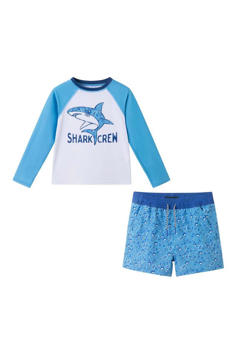 Kids' Sailboat Long Sleeve Two-Piece Rashguard Swimsuit, Main, color, BLUE SHARK