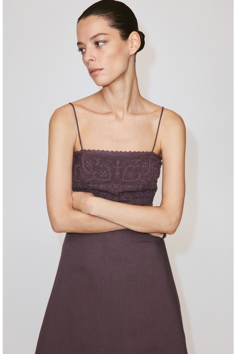 Embroidered Beaded Linen Blend Dress, Alternate, color, PLUM