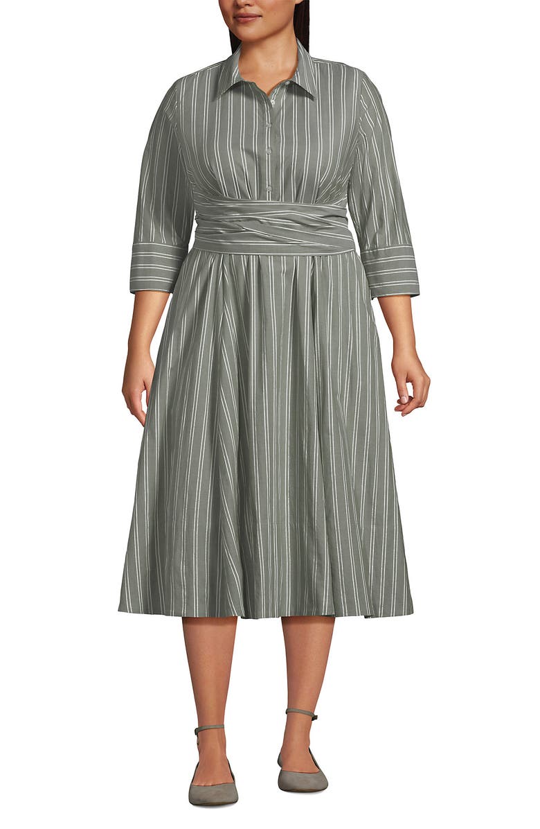 Lands' End Plus Size Poplin Midi Wrap Front Dress, Main, color, River Stone Double Stripe
